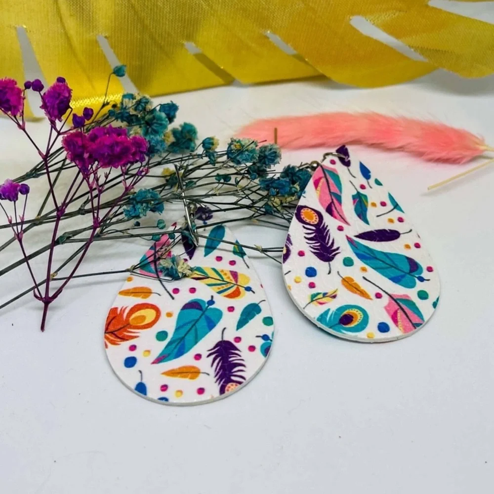 New Handmade S925 Sterling Silver Leather Rainbow Feather Dangle Earrings